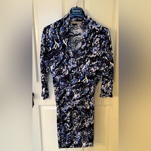 Balenciaga Paris flattering blue white & black draped jersey mini dress. Sz 36